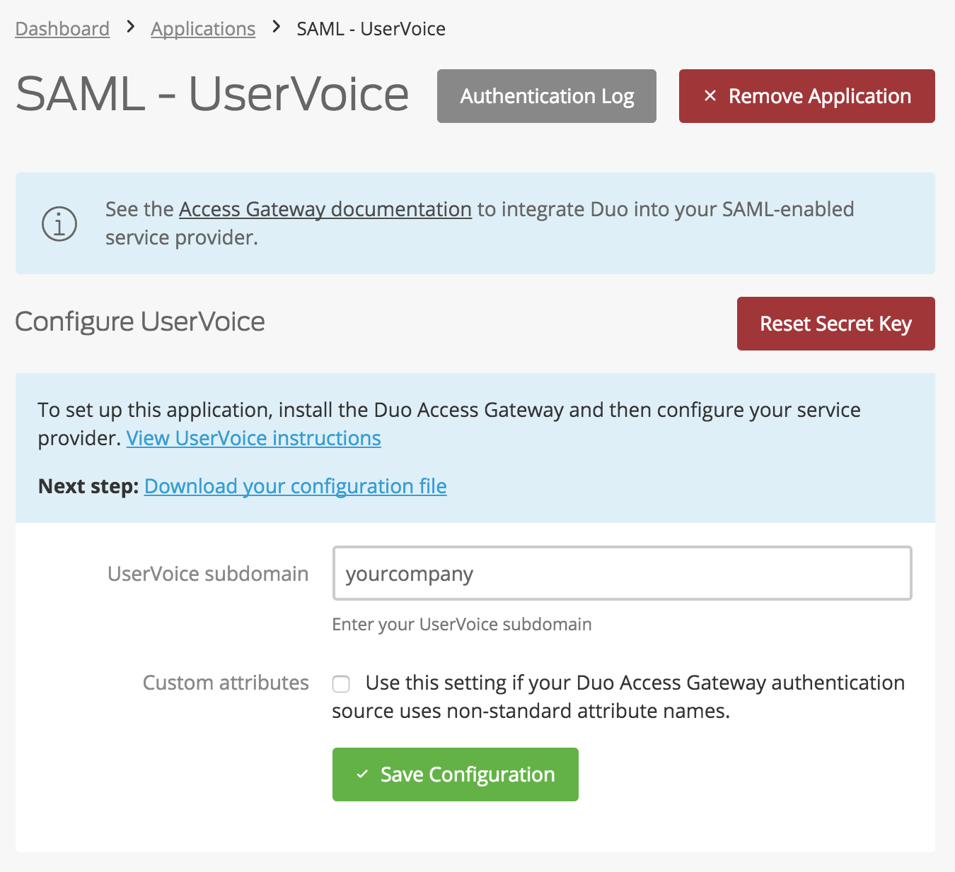 Duo UserVoice Application Settings
