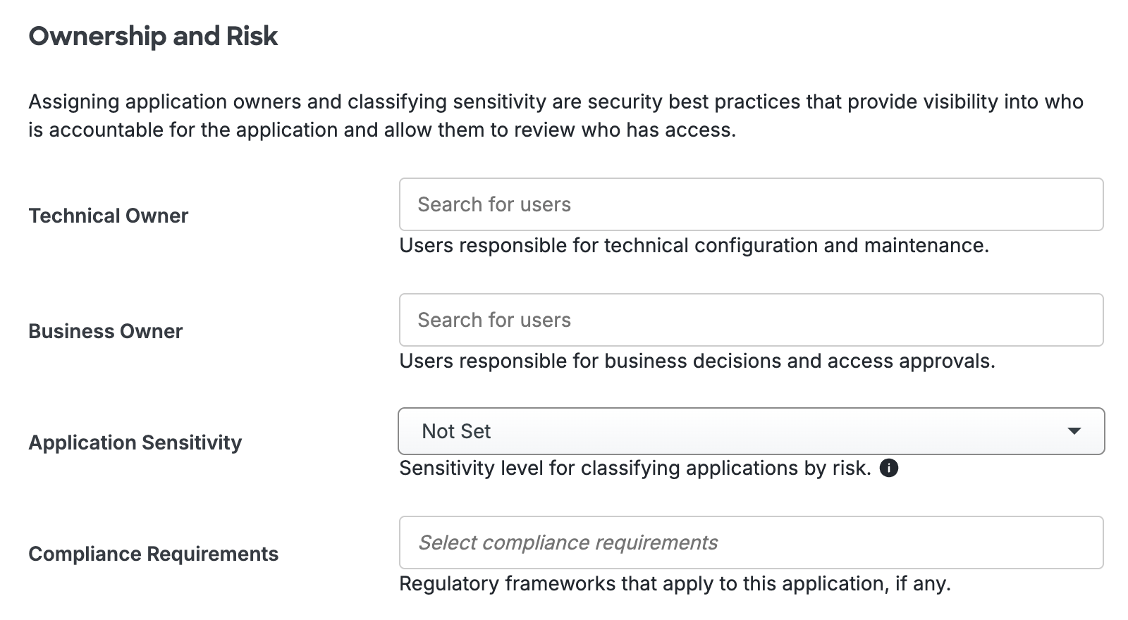Application Ownership and Risk Settings