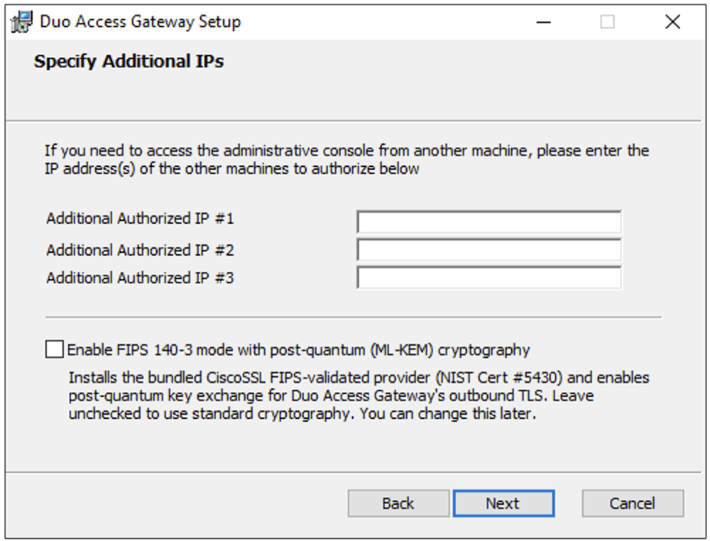 Duo Access Gateway Installation - Additional Management IPs and FIPS Option