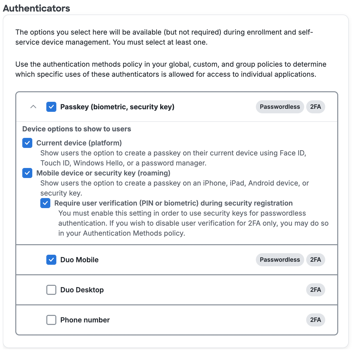 Authenticators Options
