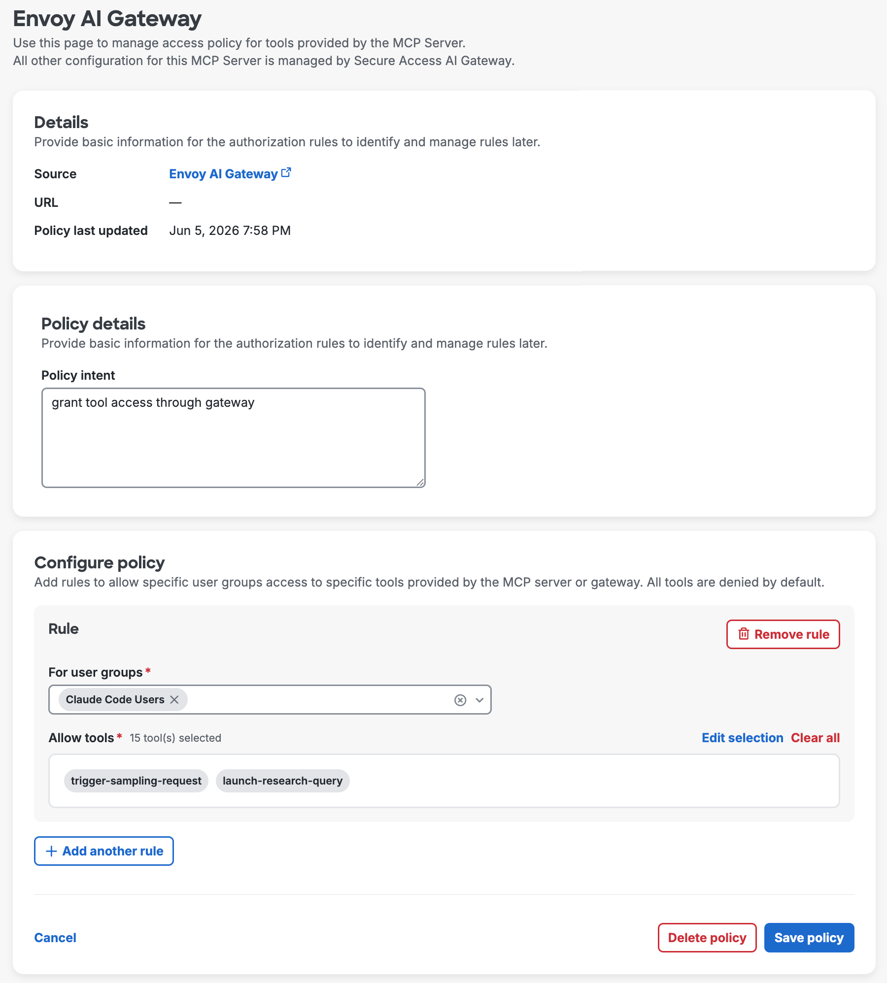 MCP Tool Authorization Policy and Rules