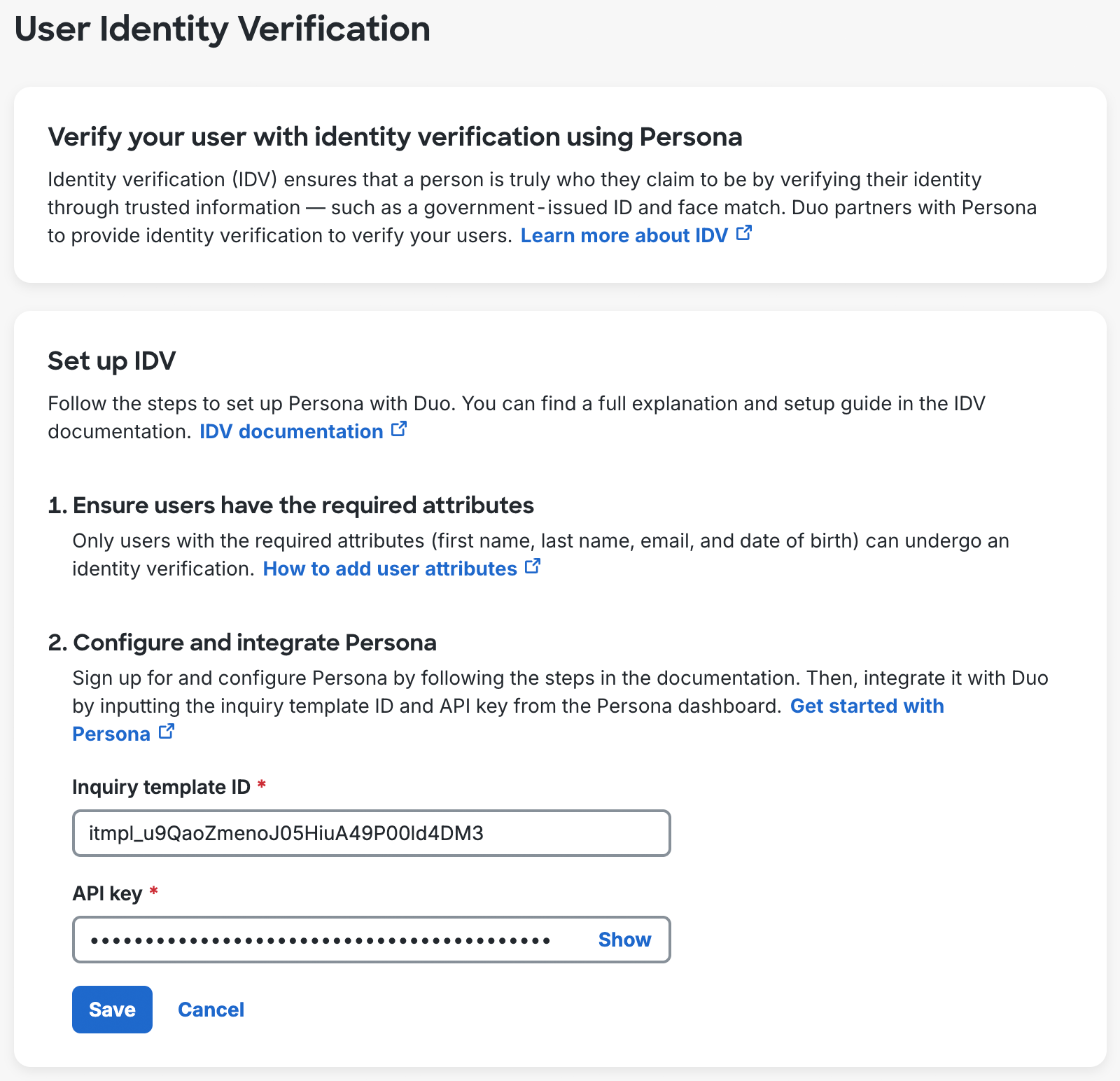 Persona API and Template ID Values in Duo