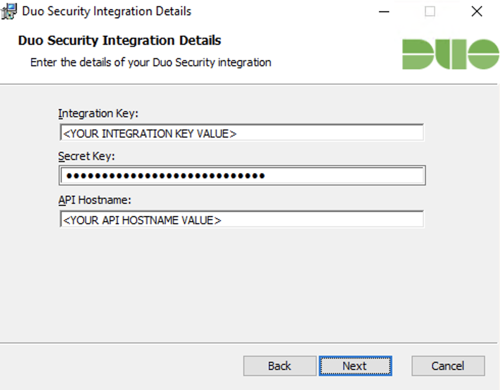 Enter Duo Application Information