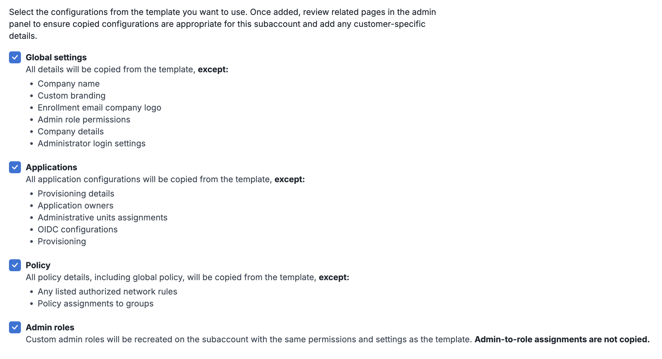 Available template categories to copy