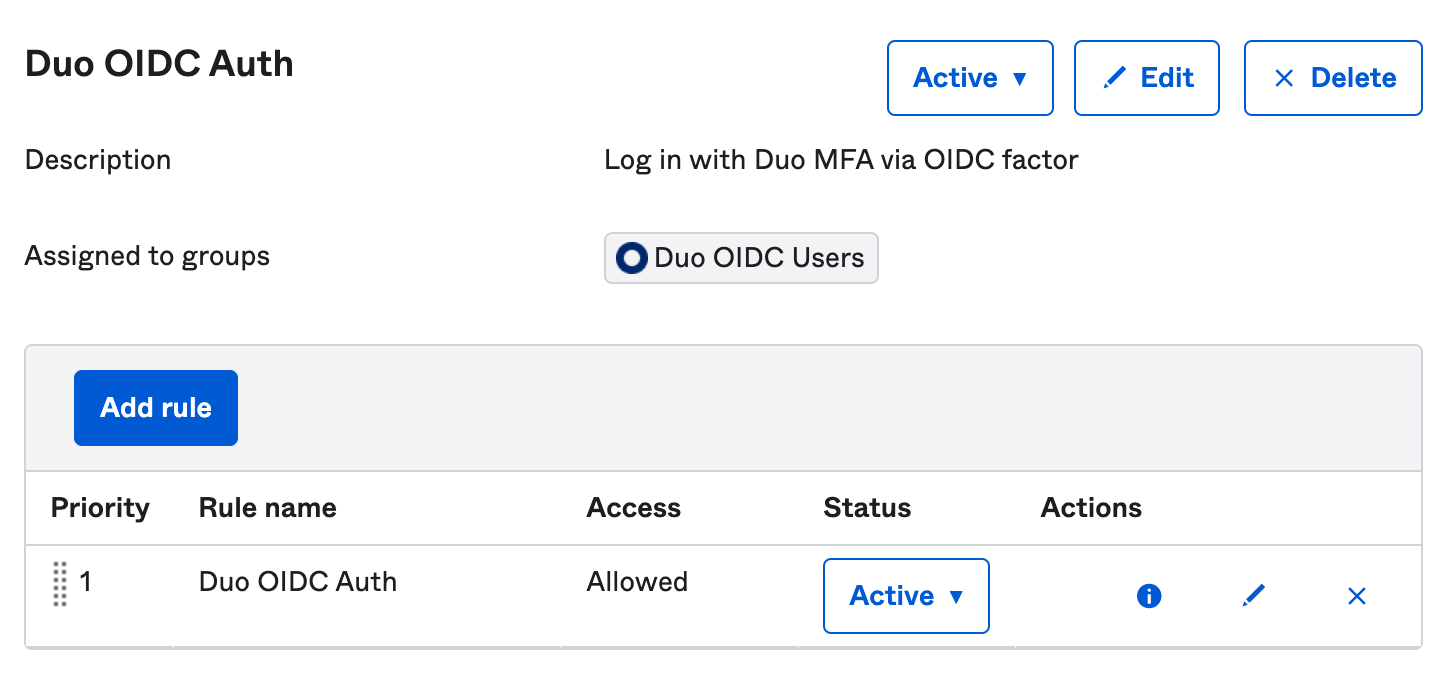 Okta OIDC Sign On Policy with Duo OIDC Rule