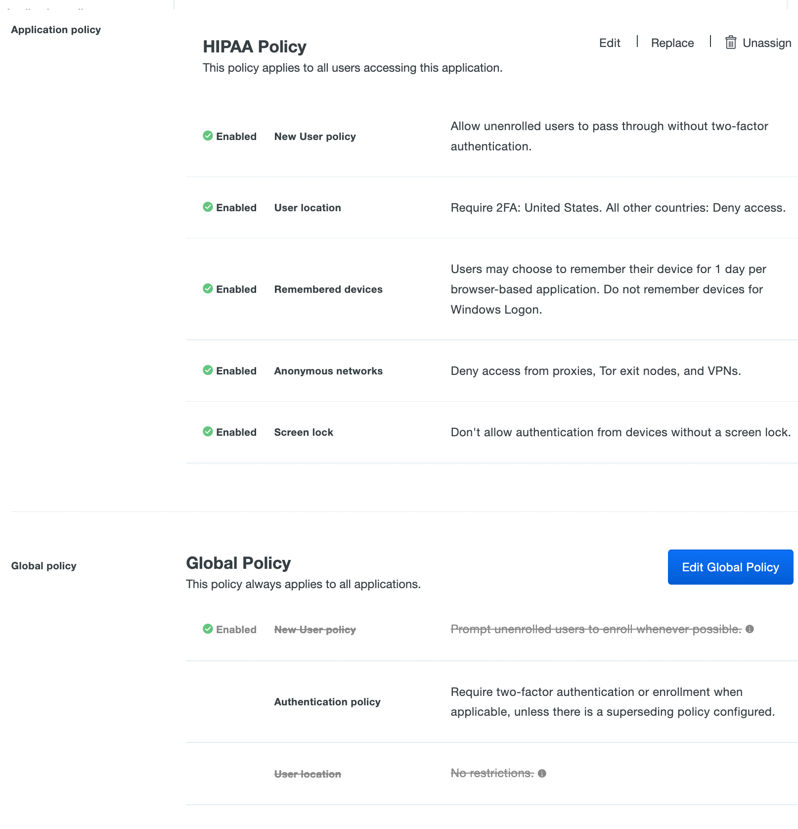 Custom and Global Policies in an Application