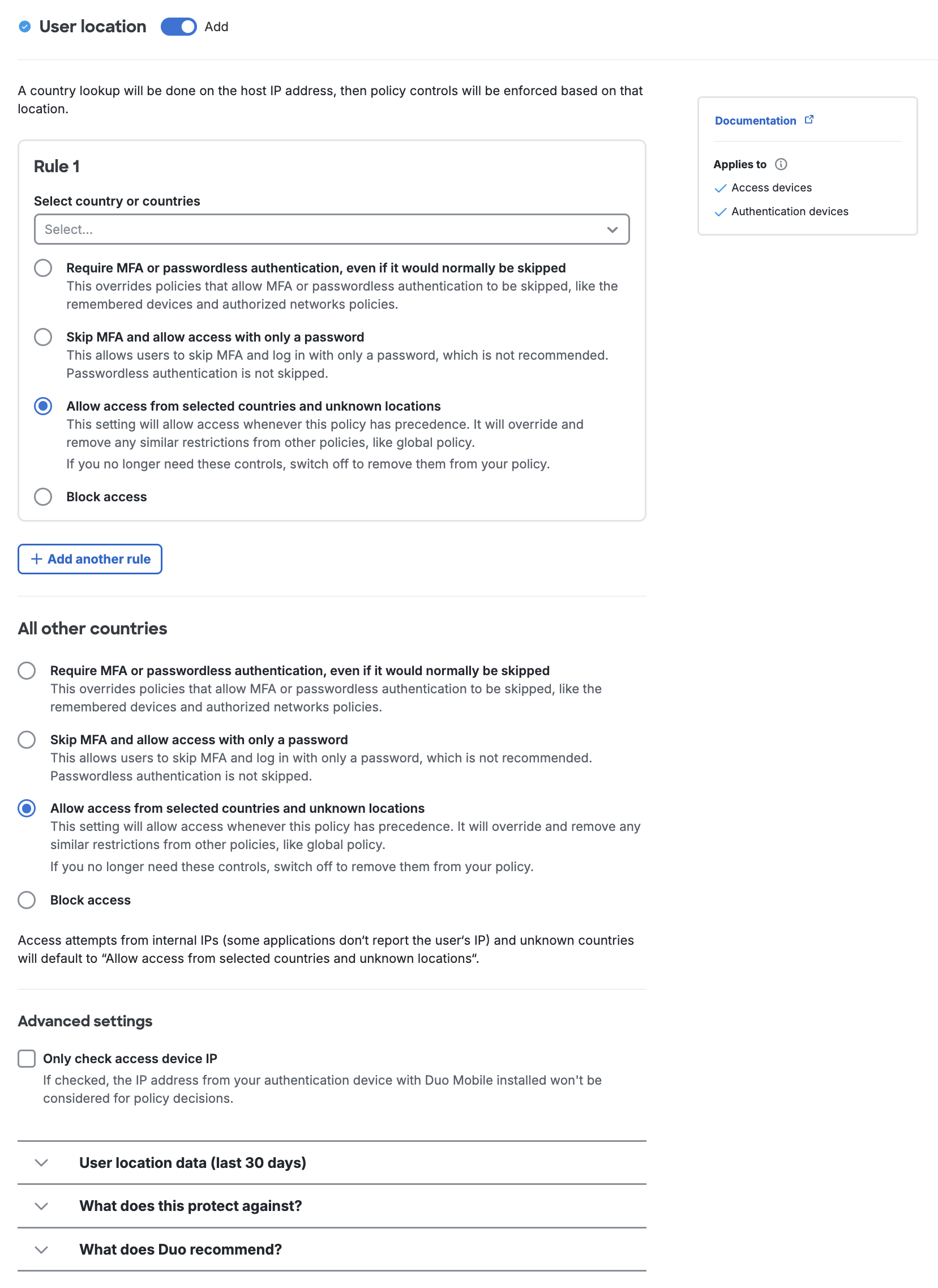User Location Settings with Passwordless Activated