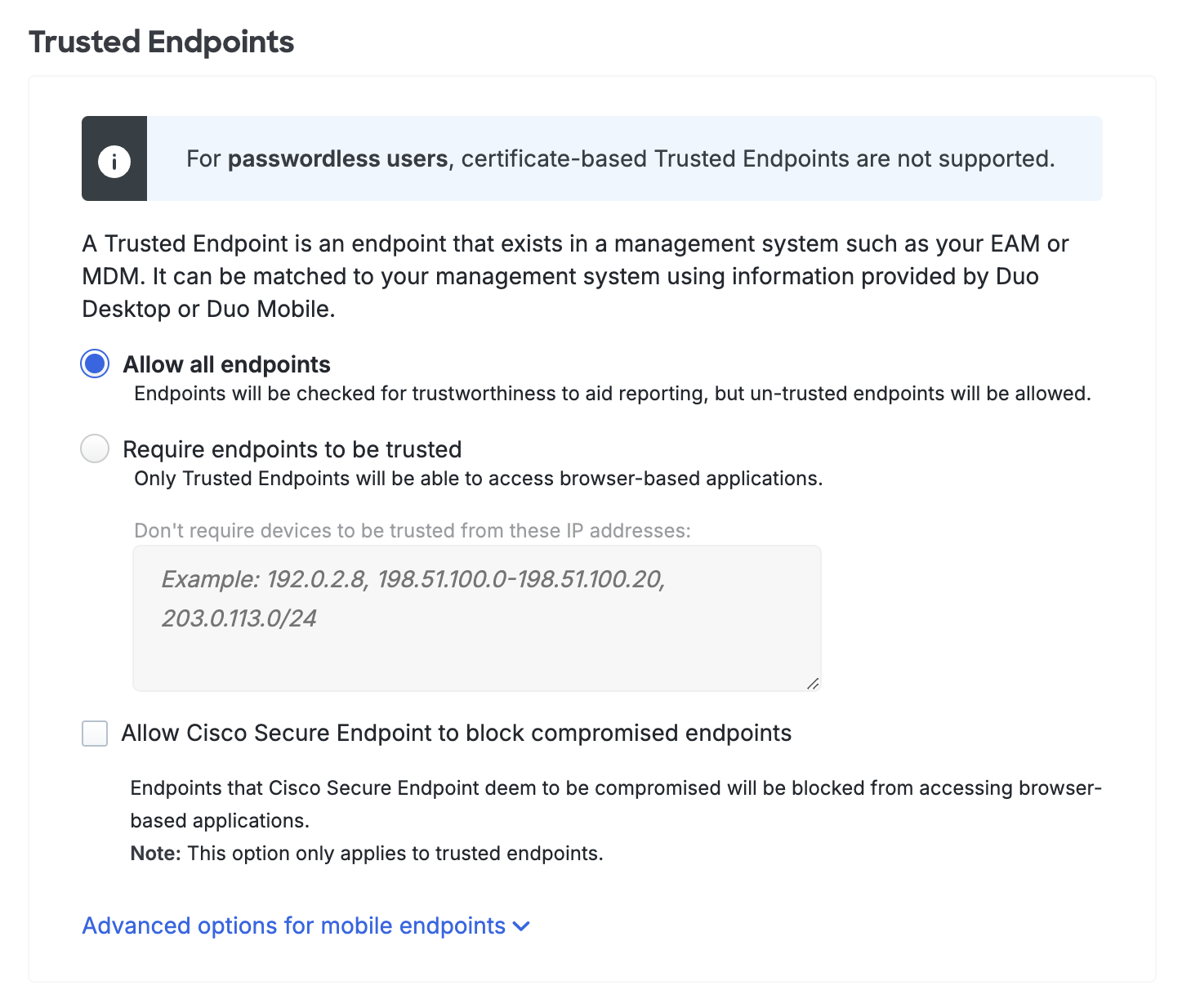 Trusted Endpoints Settings with Passwordless