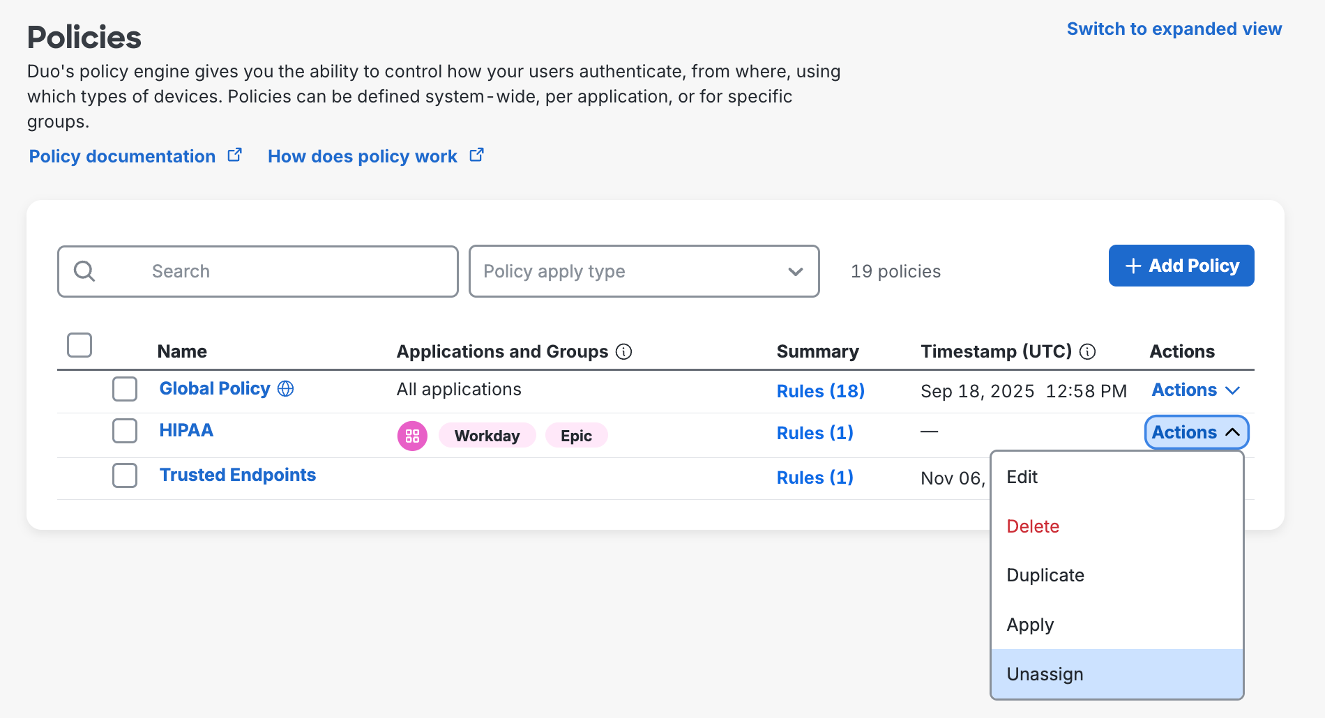 Bulk Policy Unassign Action