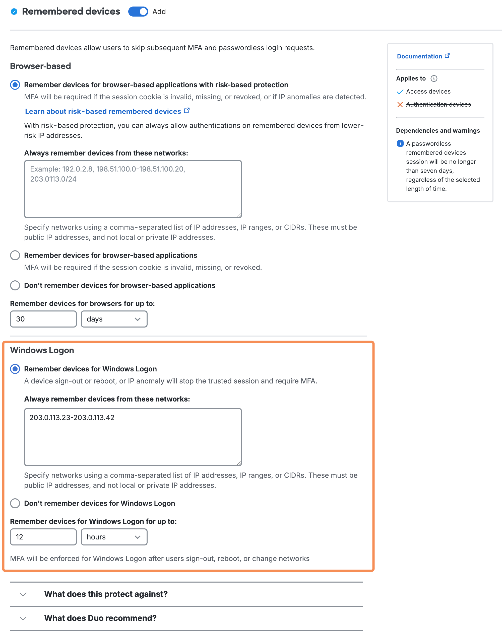 Windows Logon Remembered Devices Settings