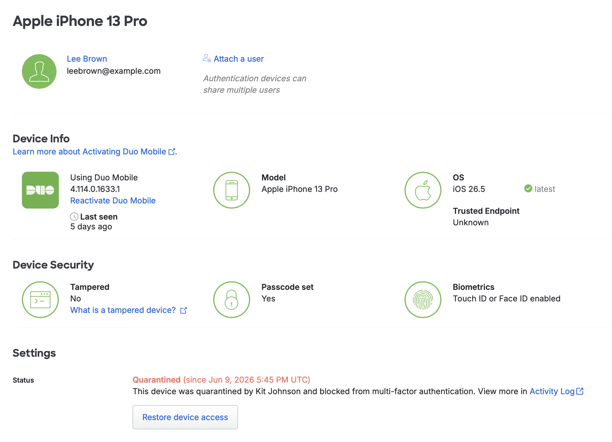 Devices Phones Details Settings Status Quarantined
