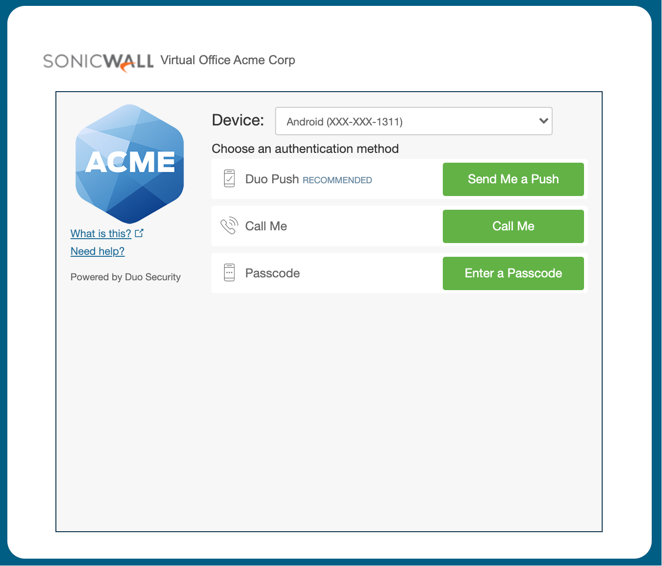 SonicWALL SRA or SMA 100 Series SSL VPN with RADIUS and Duo Prompt