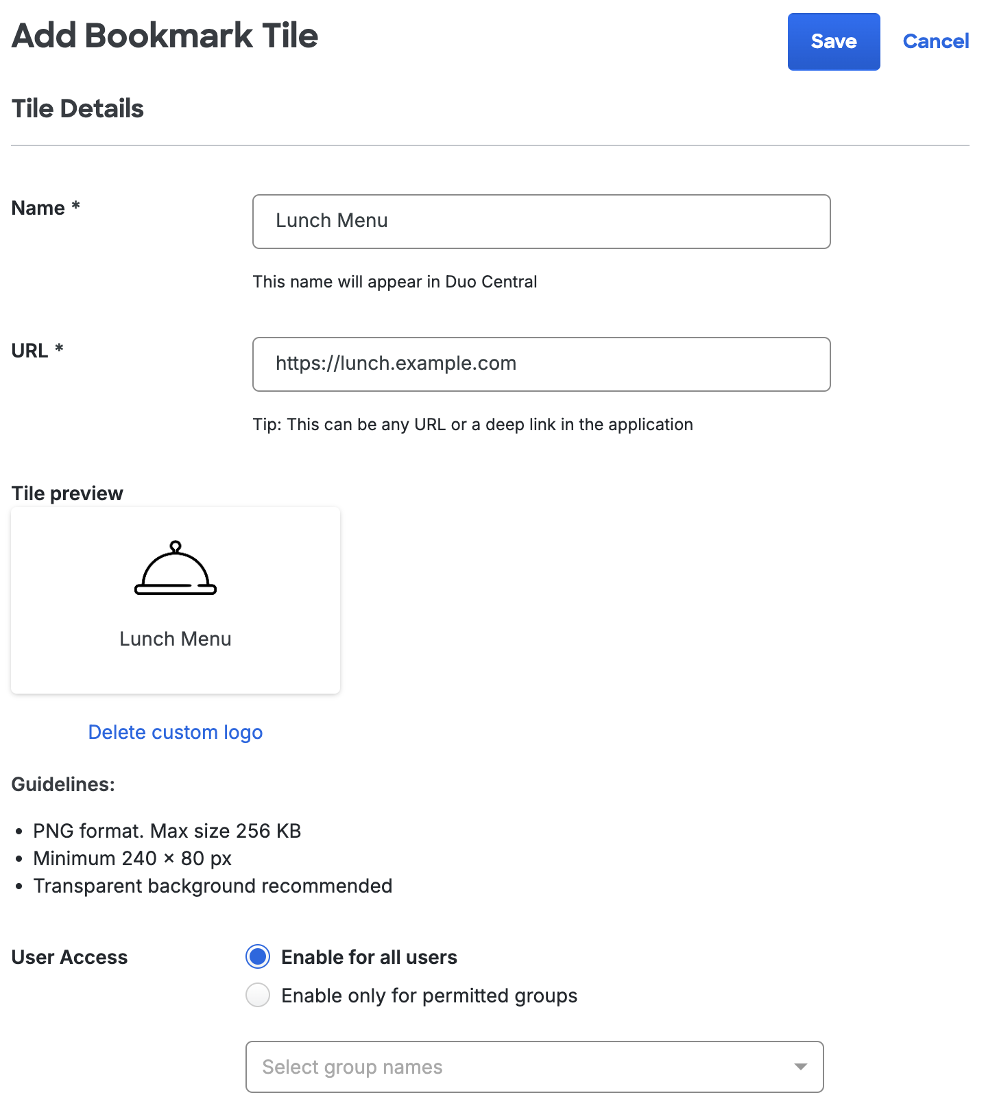 Duo Central Add Bookmark Tile page