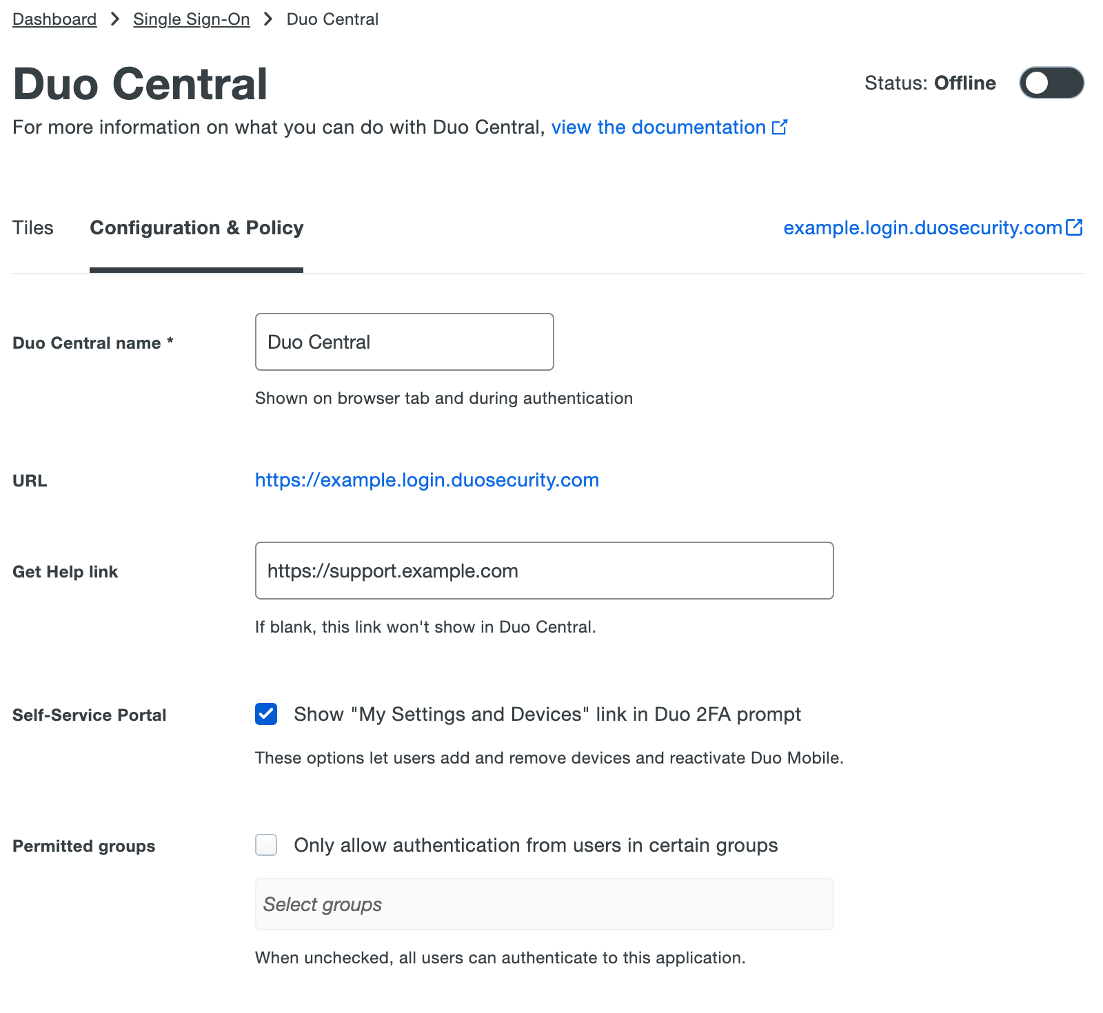 Duo Central Configuration page