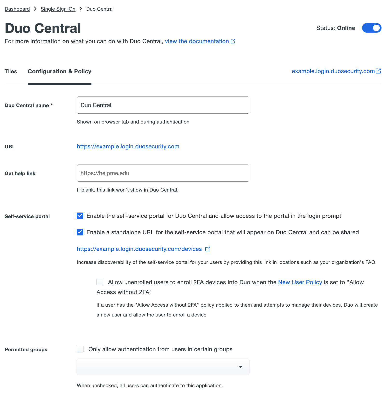 Duo Central Configuration page