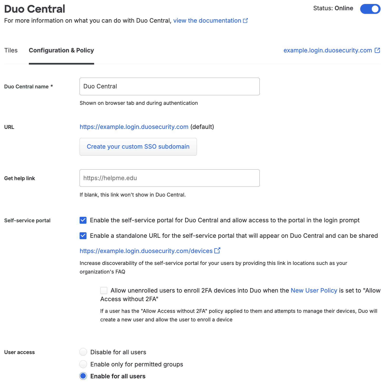 Duo Central Configuration page