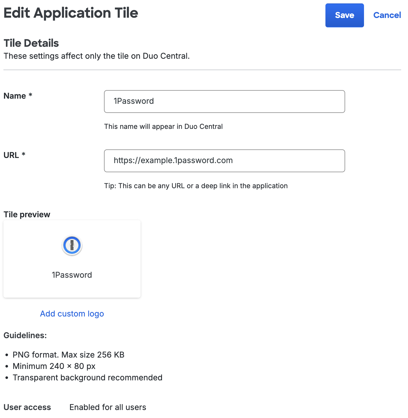 Duo Central Edit application Tile page