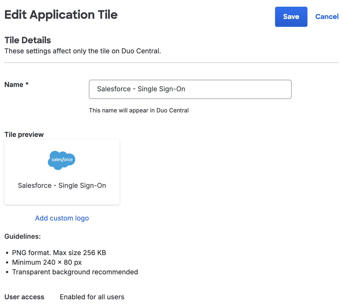 Duo Central Edit SSO Tile page