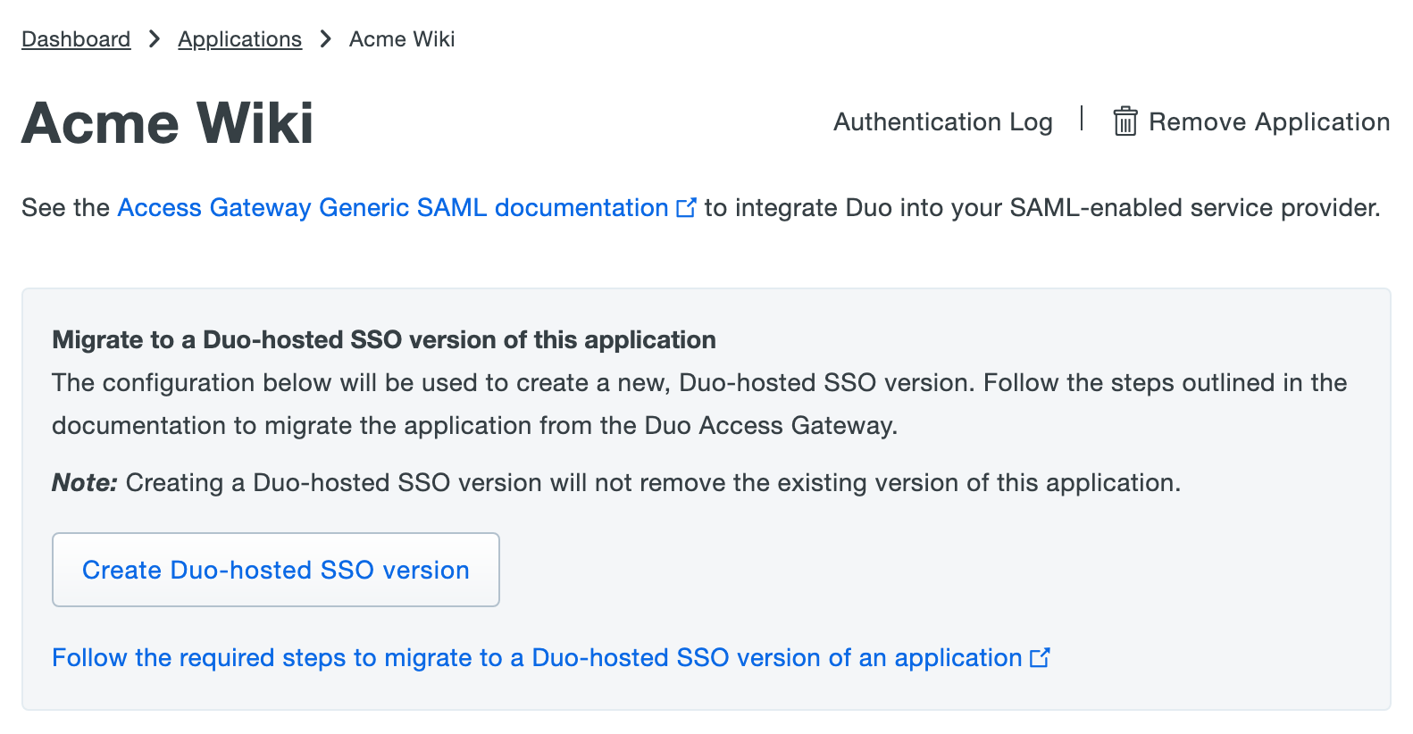 Migration banner on Duo Access Gateway application page