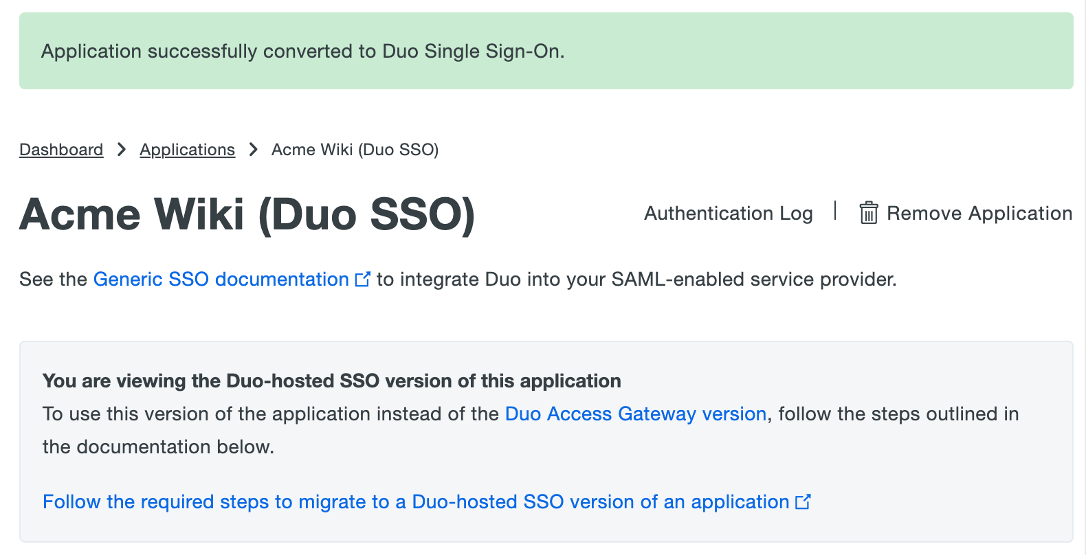 Duo SSO application page with banner