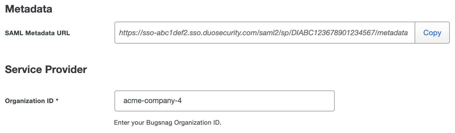 Duo BugSnag Metadata URL and Organization ID