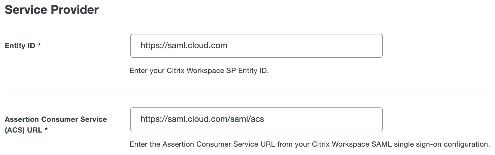 Duo Citrix Workspace Service Provider URL fields