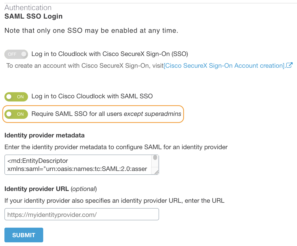 Cisco Cloudlock Require SSO Toggle Switch
