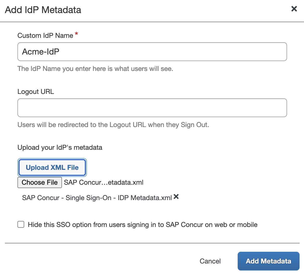 SAP Concur Add IdP Metadata Window