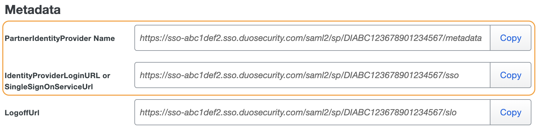 Duo CyberArk Privileged Access Partner IdP Name URL and SSO Service URL
