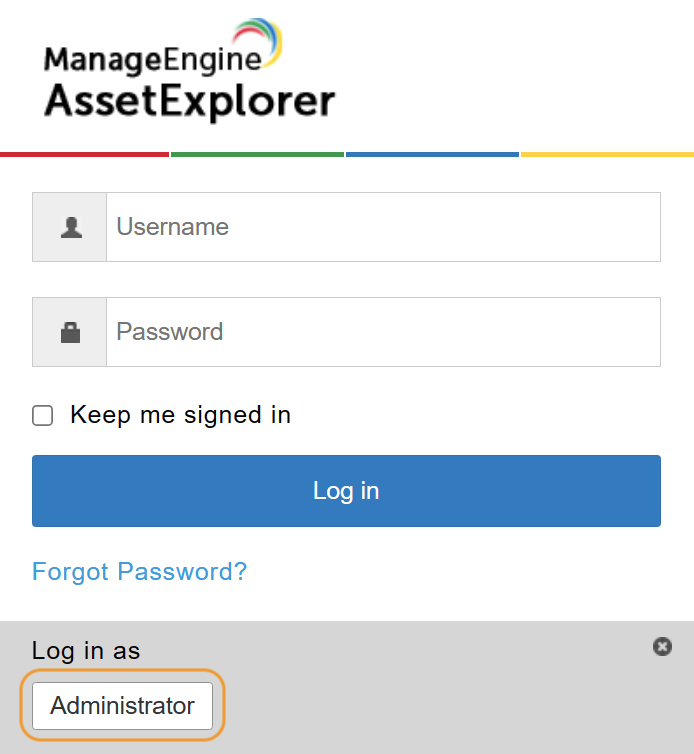 ManageEngine AssetExplorer Account Login Window
