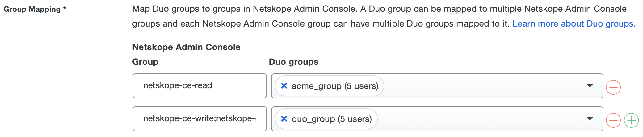 Duo Netskope Admin Console Group Mapping Fields