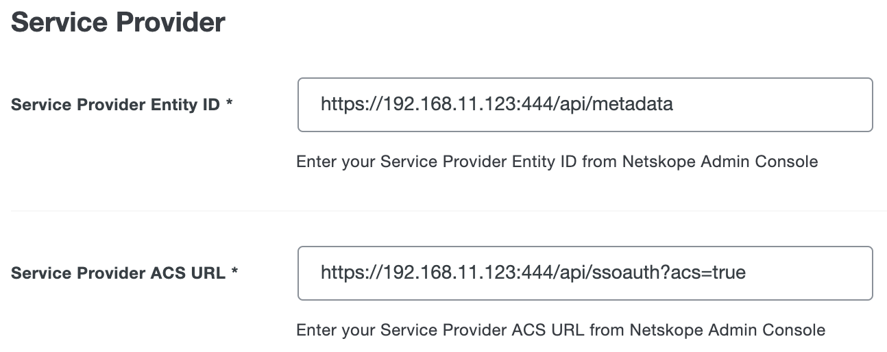 Duo Netskope Admin Console Service Provider Fields
