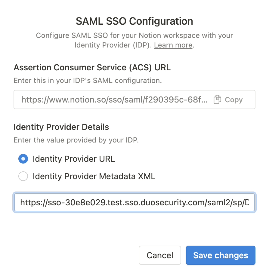 Notion SAML SSO Configuration Window