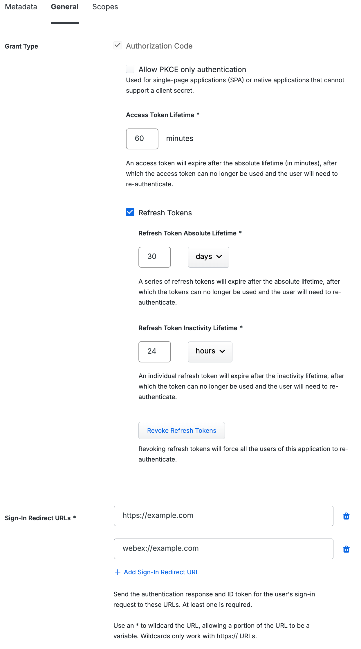 Configure grant type and redirect URLs