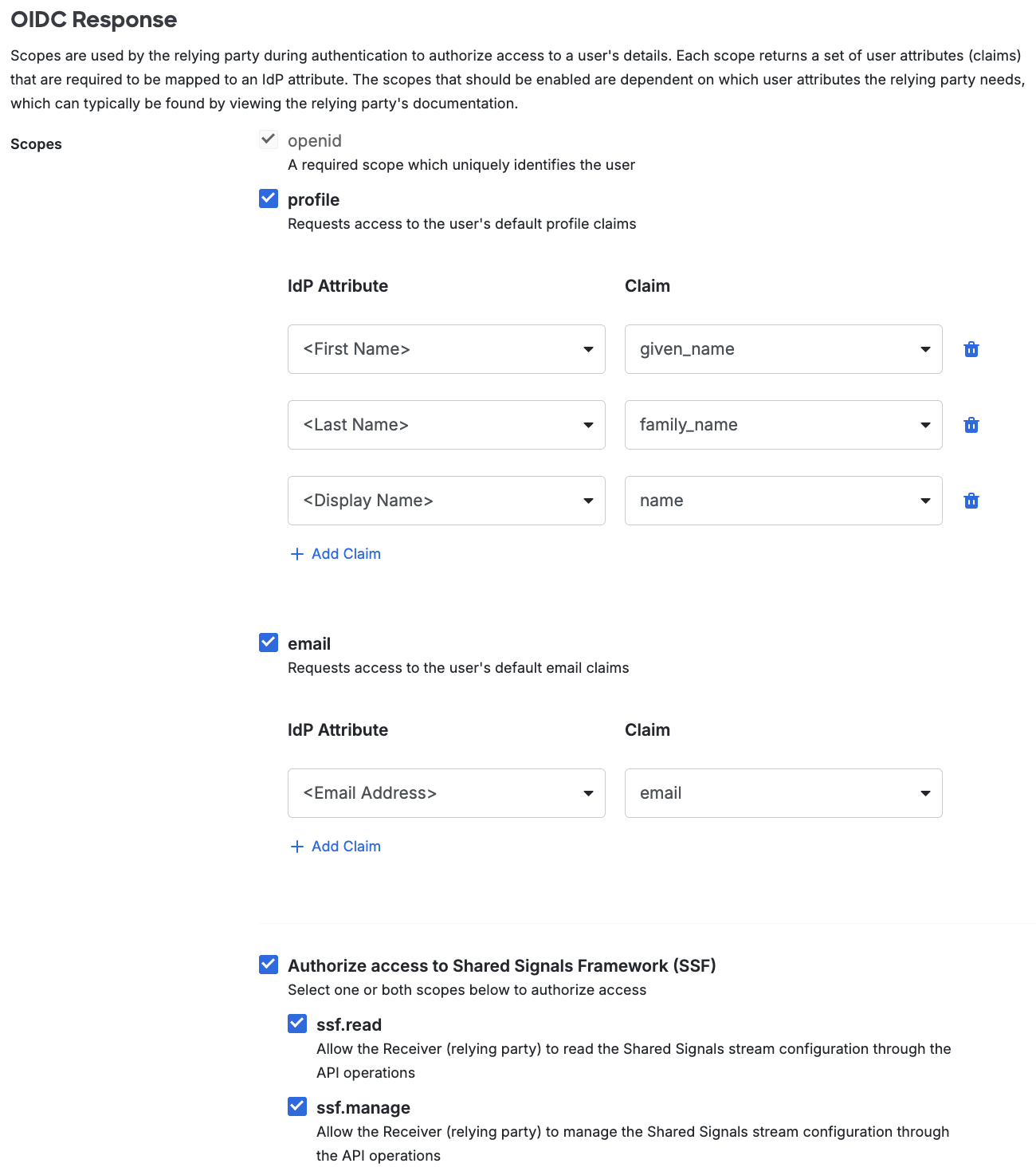 Configure default scopes and claims