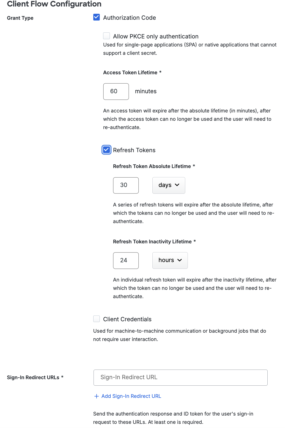 Configure grant type and redirect URLs