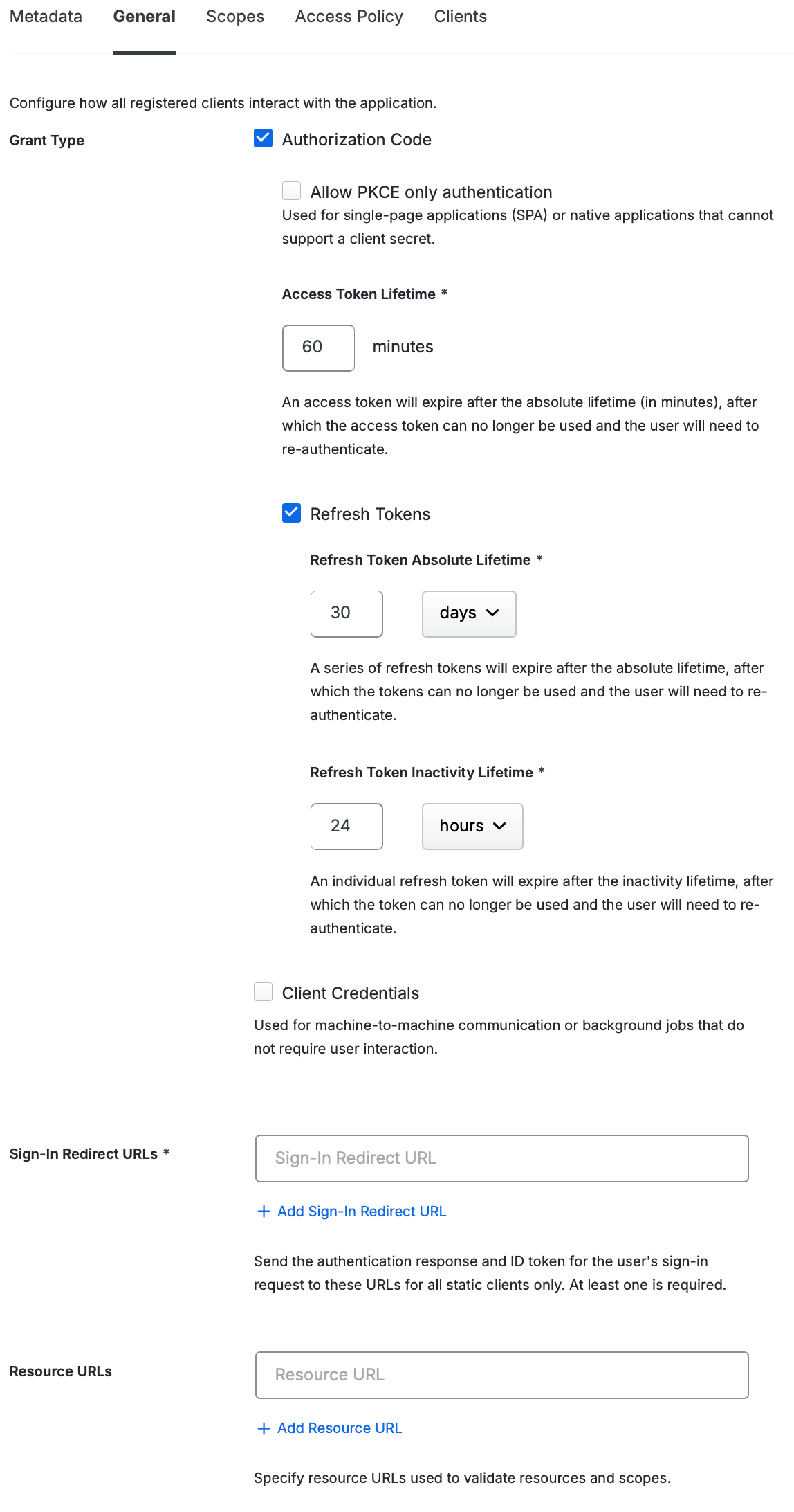 Configure grant type and redirect URLs
