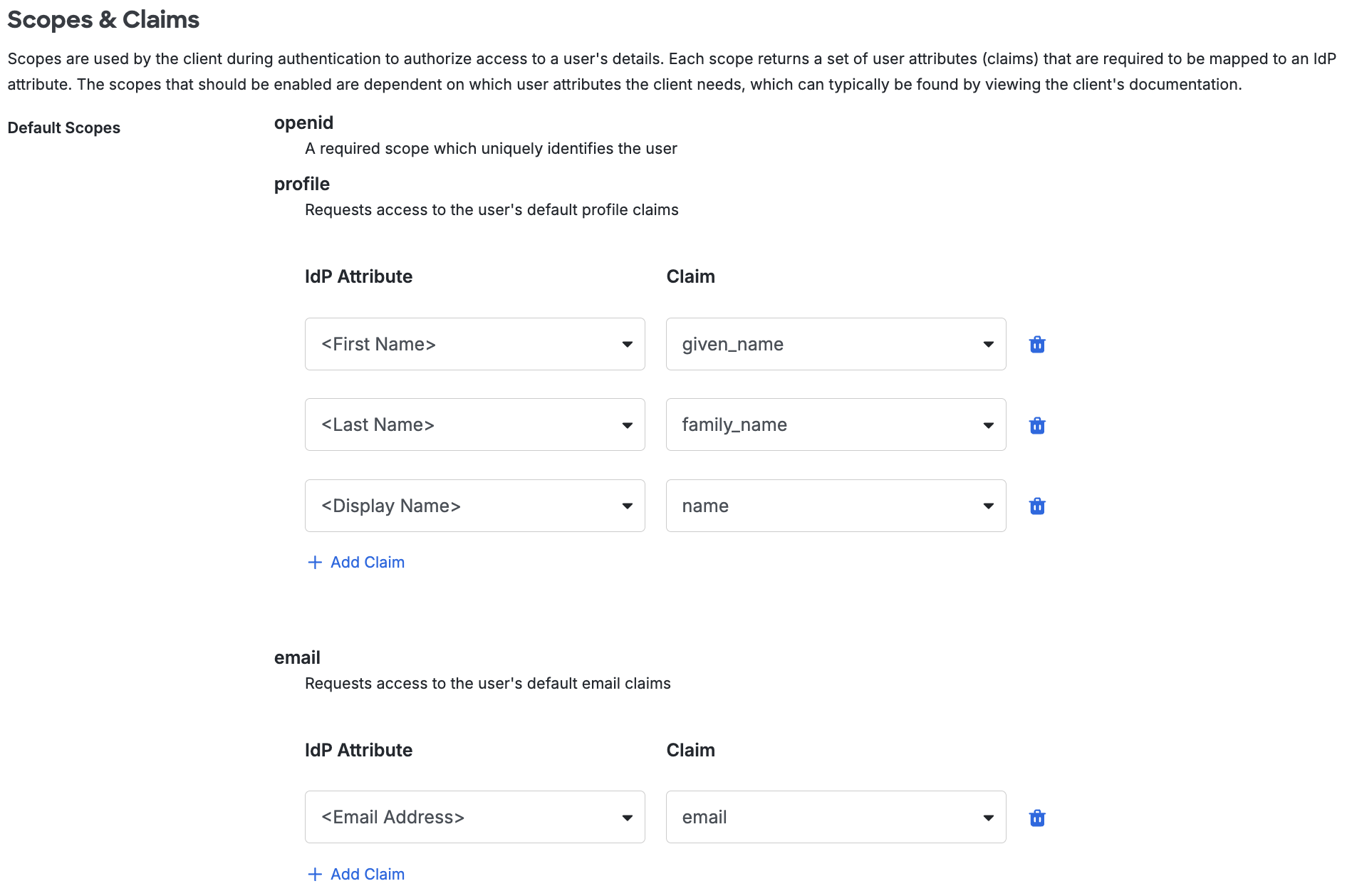 Configure default scopes and claims