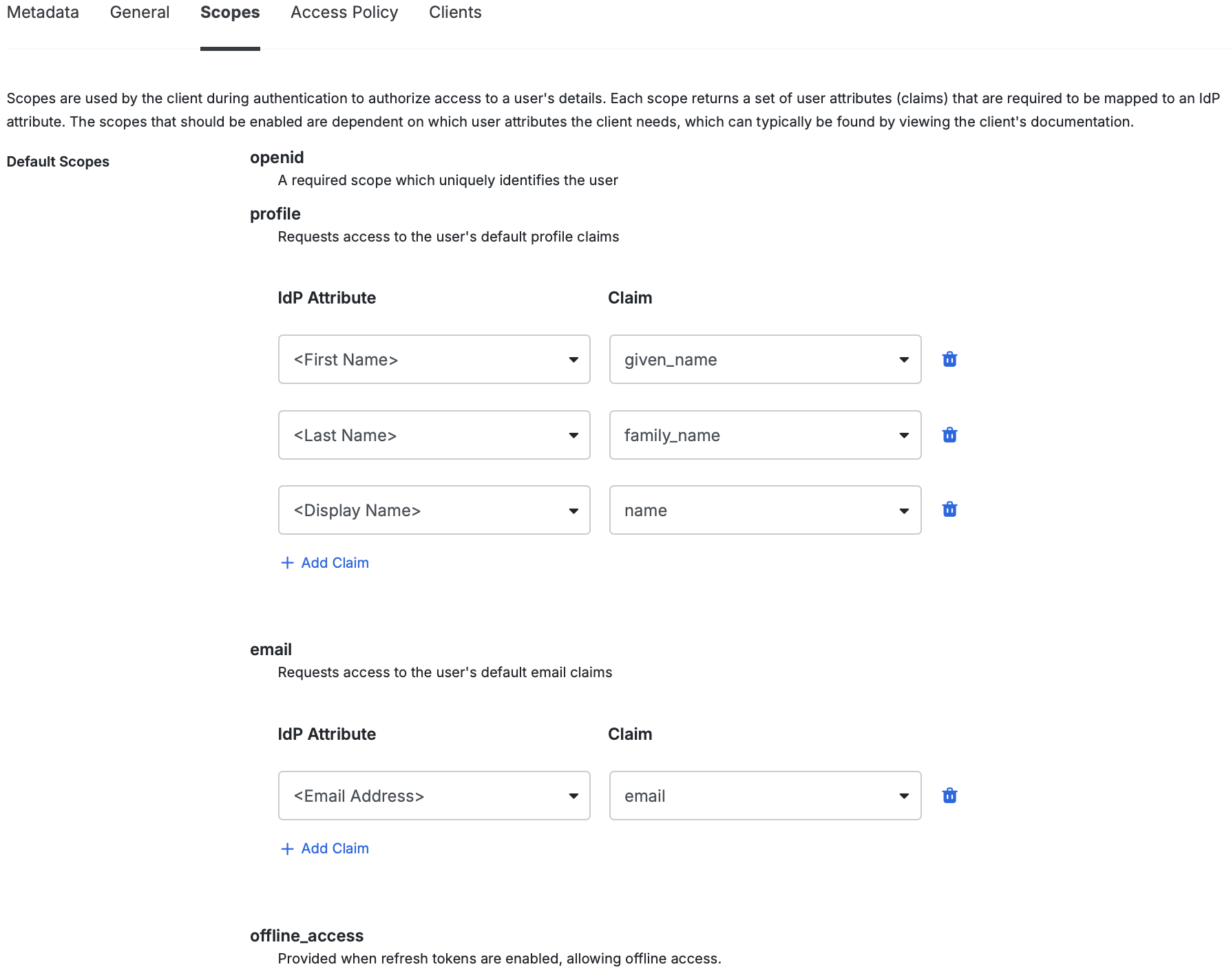 Configure default scopes and claims