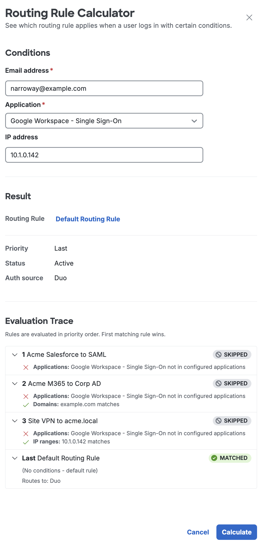 Duo SSO Routing Rules Calculator Result
