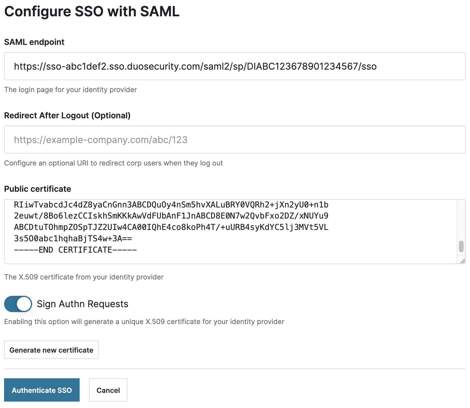 Signal Sciences Configure SSO with SAML Window