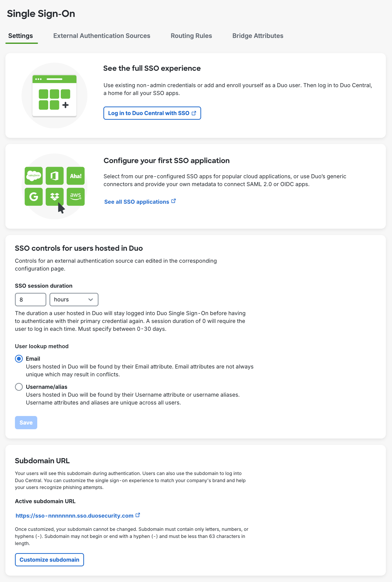Duo Single Sign-On Settings Page