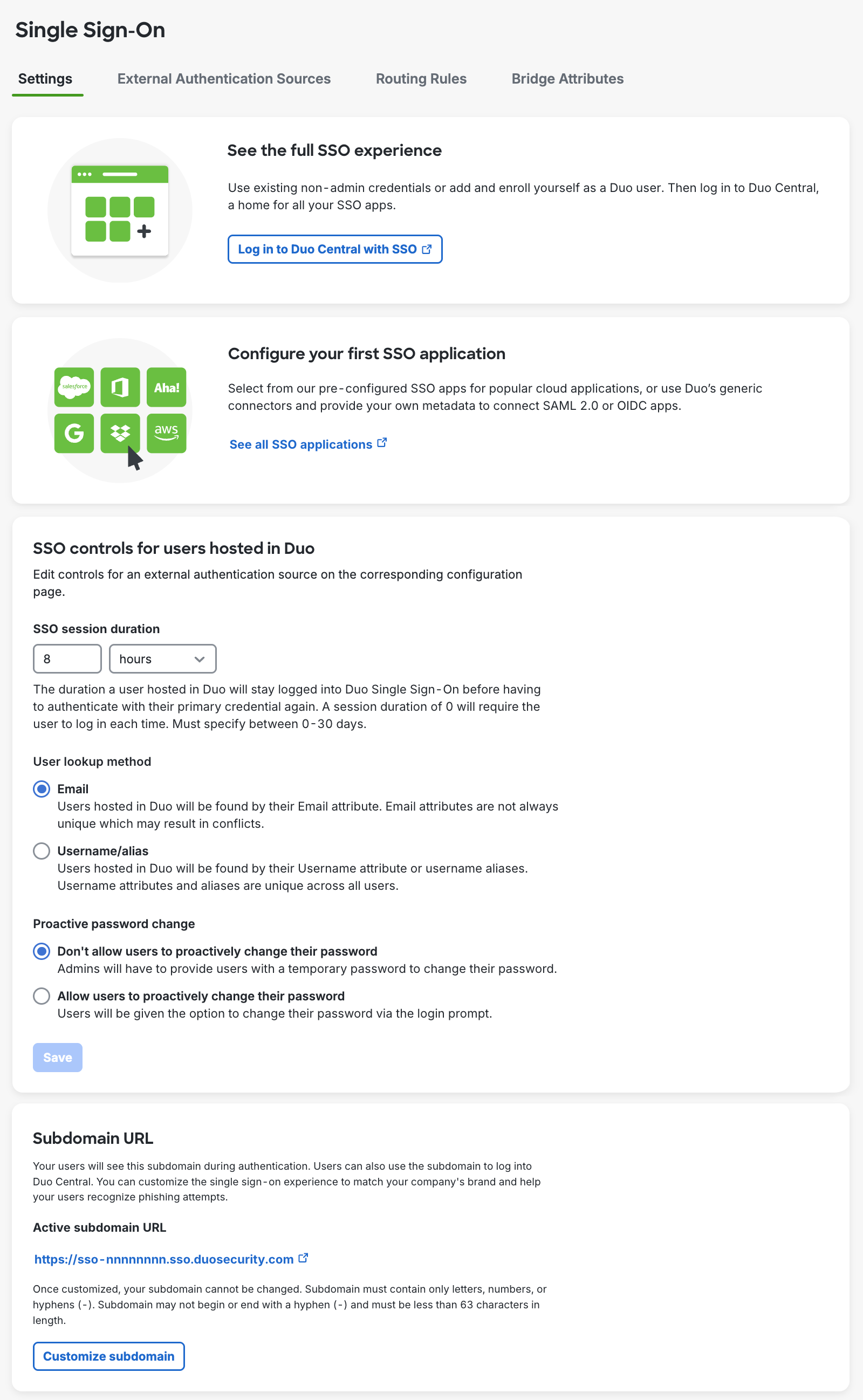 Duo Single Sign-On Settings Page
