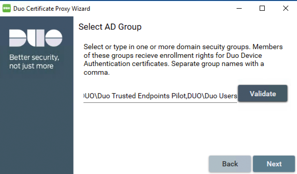 Duo Certificate Proxy Wizard - Select Groups
