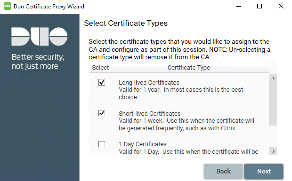 Duo Certificate Proxy Wizard - Select Certificate Type