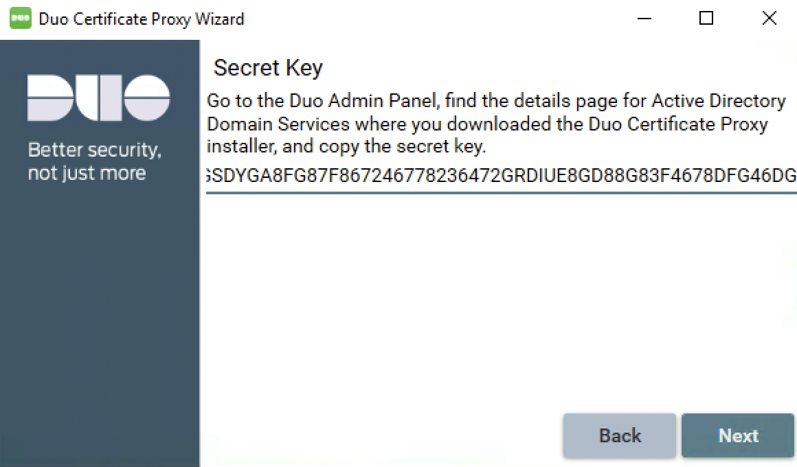 Duo Certificate Proxy Wizard - Input Secret Key