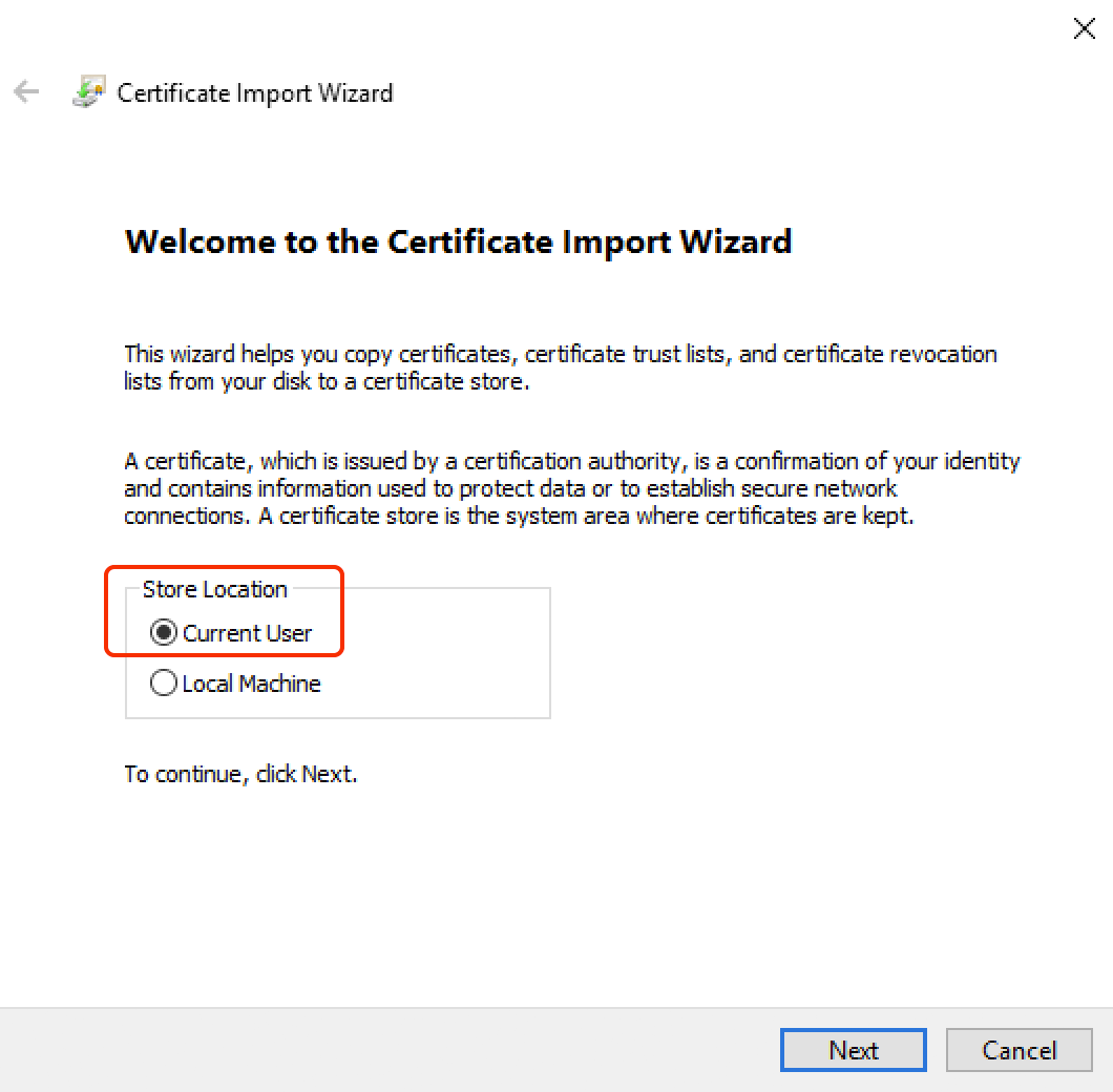 Windows Certificate Import Wizard - Step 1