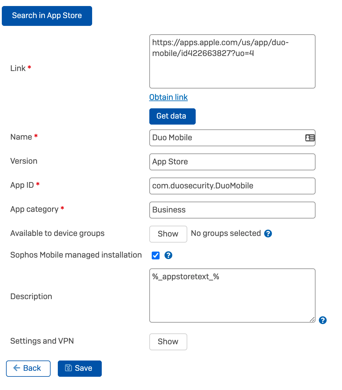 Find and select Duo Mobile in Sophos Mobile