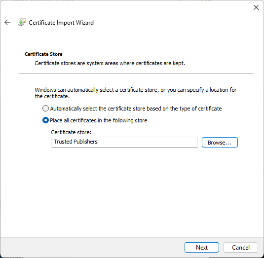 Duo Certificate Import Wizard Trusted Publishers