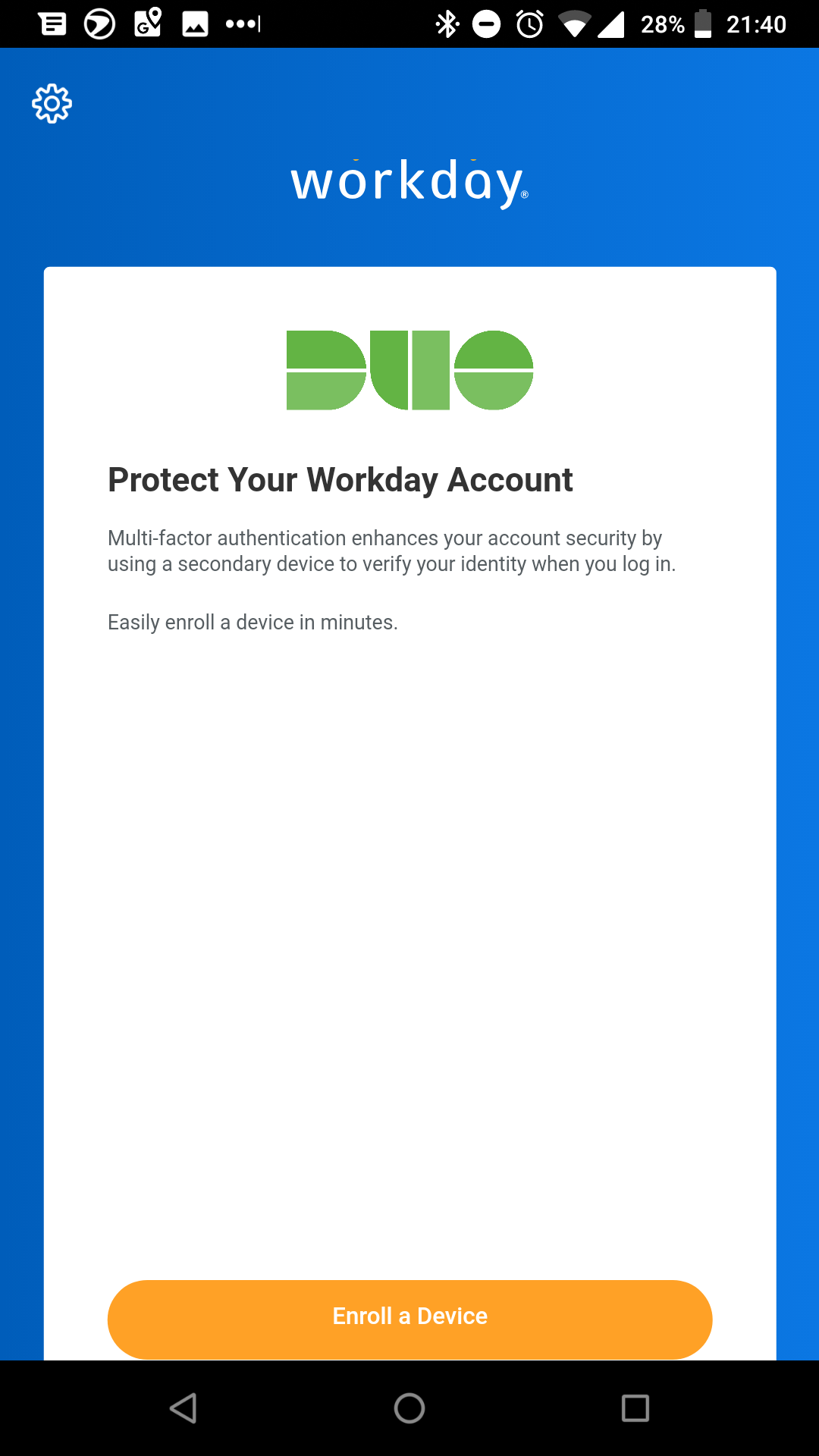 Duo Enrollment in Workday Mobile App